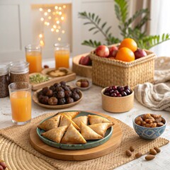 Delicious Middle Eastern breakfast spread with samosas and fresh fruit