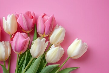 Pink and white tulips arranged against a soft pink background. Ideal for spring, Mother's Day, and Women's Day, symbolizing beauty, freshness, and celebration.