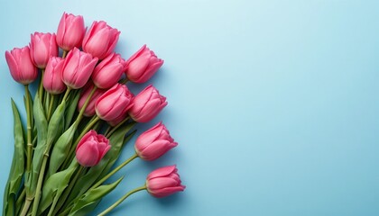 Vibrant pink tulips, a fresh spring bouquet, artfully arranged on a serene light blue background. Ideal for Mother's Day, Easter, or a thoughtful floral gift, offering abundant copy space.