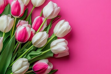 White and pink tulips bouquet with green leaves on a vibrant magenta background. Ideal for spring, Mother's Day, and celebrations.