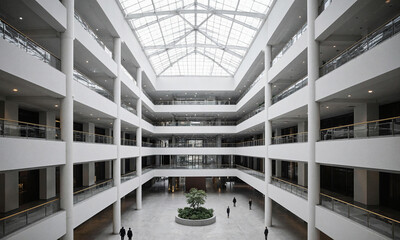 Fototapeta premium Skylit Atrium Unoccupied. A dramatic, high-angle shot looking down into a multi-story office atrium, completely devoid of people. A massive