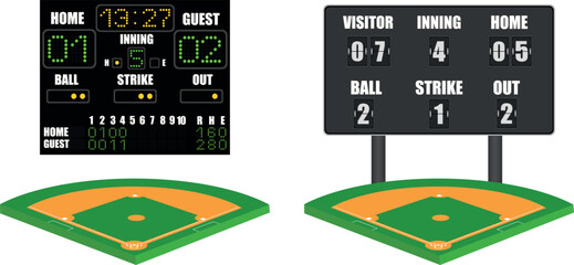 Baseball Sports Digital Scoreboard Illustration, Match Results Display Panel Isolated on White Background Vector