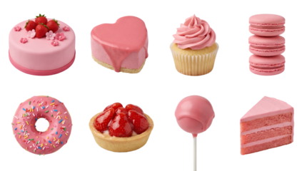 Pink dessert set including cake, heart cheesecake, cupcake, macarons, donut, tart, cake pop, and slice isolated. Sweet treats and pastry collection.