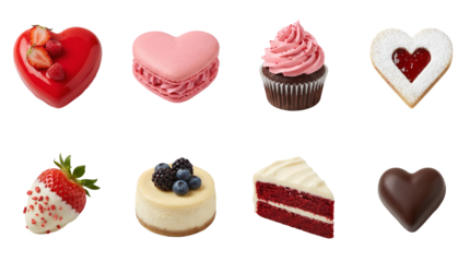 Valentine dessert set including heart mousse, macaron, cupcake, jam cookie, strawberry, cheesecake, red velvet cake, and chocolate candy isolated. Gourmet bakery and sweet food collection.
