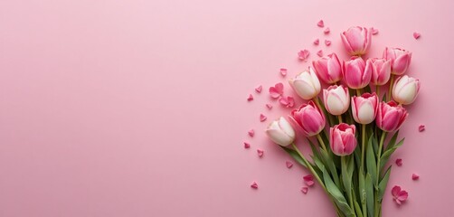 A bouquet of pink and white tulips lies on a pastel background with scattered hearts, Minimalist flat lay, Mother's Day greeting.