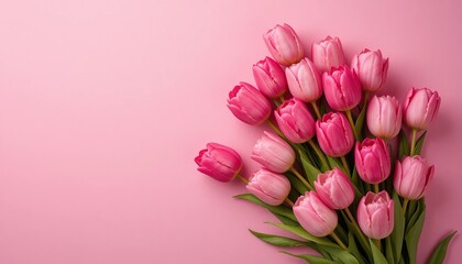 A bouquet of fresh tulips lies on a matching pink background, Minimalist floral composition, Spring greeting card.