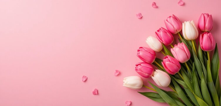 A bouquet of pink and white tulips lies on a pastel background with scattered petals, minimalist floral composition, Mother's Day greeting card.