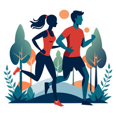 Couple Running in Park &ndash; Outdoor Fitness Jogging Illustration