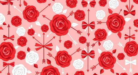 Seamless pattern featuring red and white roses, bows, and arrows on a soft pink background, evoking a romantic and decorative theme.