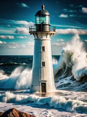 Lighthouse stands sentinel against crashing waves at Oak Islands rugged coastline