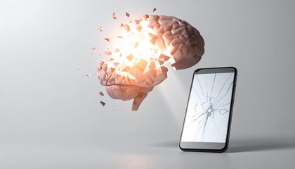 Concept of brain explosion and shattered mobile phone symbolizing the harmful effects of excessive technology use and digital addiction on mental health and cognitive function
