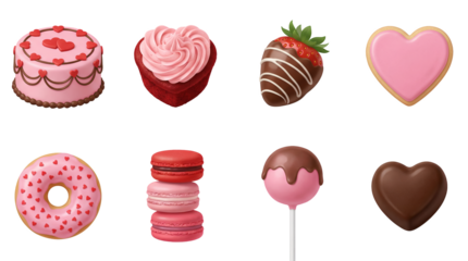 Valentine dessert set including cake, cupcake, strawberry, cookie, donut, macarons, cake pop, and chocolate candy isolated. Romantic bakery and sweet treat collection.