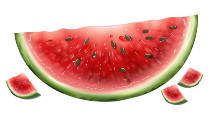 Deliciously ripe juicy watermelon slice featuring glossy red fruit texture and scattered black seeds on transparent background