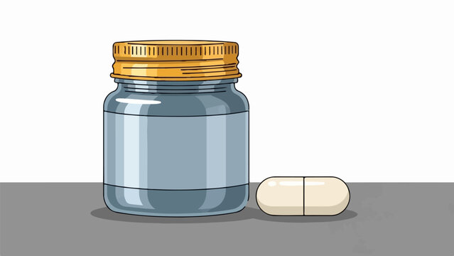 A medicine bottle with a gold lid sits beside a single pill