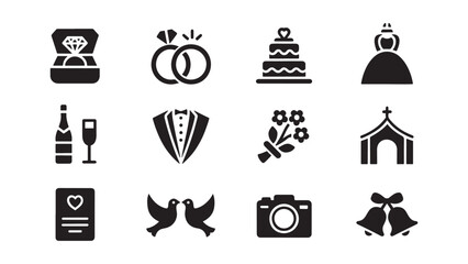 Wedding celebration and marriage icon collection featuring bride dress, groom suit, rings, cake, champagne, church, bouquet, doves, and bells for romantic event planning, invitation, and love design.