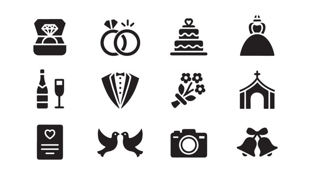 Wedding celebration and marriage icon collection featuring bride dress, groom suit, rings, cake, champagne, church, bouquet, doves, and bells for romantic event planning, invitation, and love design.