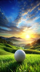 A golf ball illustration of a serene landscape with rolling hills and a bright blue sky