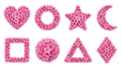 Cherry blossom shapes set including heart, circle, star, moon, square, sphere, triangle, and diamond isolated. Pink floral spring collection.