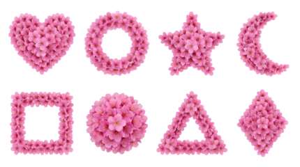 Cherry blossom shapes set including heart, circle, star, moon, square, sphere, triangle, and diamond isolated. Pink floral spring collection.