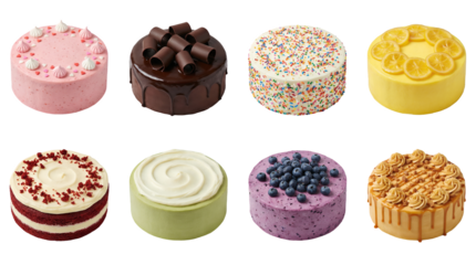 Assorted cake set including strawberry, chocolate, sprinkle, lemon, red velvet, matcha, blueberry, and caramel flavors isolated. Dessert and bakery collection.