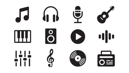 Audio and music icon set featuring headphones, microphone, guitar, piano, speaker, vinyl record, sound wave, radio, and equalizer for sound engineering and media player interface design projects. © NaeemurRahman