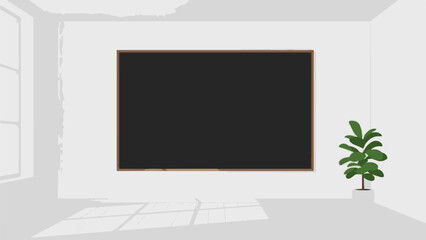 A minimalist room features a dark blackboard on a white wall, sunlight casting shadows © pie