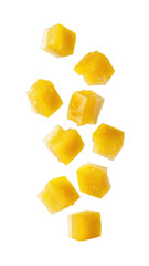 Floating honeycomb pieces on transparent background