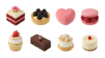 Gourmet pastry and dessert set including red velvet cake, fruit tart, heart mousse, macaron, cupcake, brownie, cream puff, and cheesecake isolated. Sweet bakery collection.