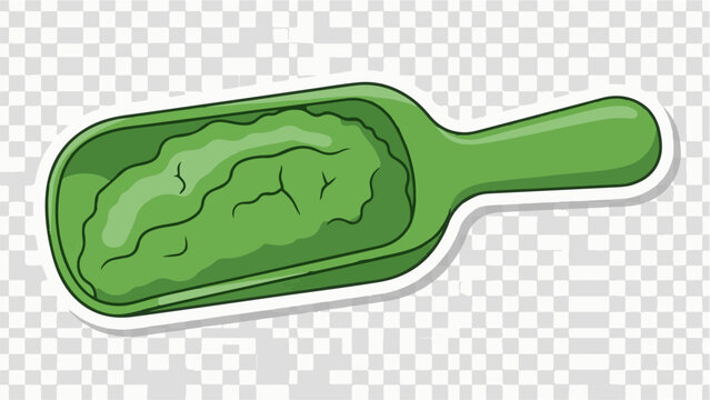 A green scoop filled with a lumpy green substance, isolated