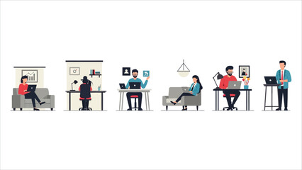Remote Work and Home Office Concept &ndash; Young Freelancers Working at Home Vector Illustration.eps