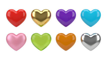 Glossy heart set including red, gold, purple, blue, pink, green, orange, and silver colors isolated. Romantic symbols for valentine and wedding design.