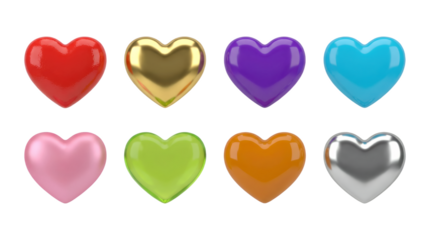 Glossy heart set including red, gold, purple, blue, pink, green, orange, and silver colors isolated. Romantic symbols for valentine and wedding design.
