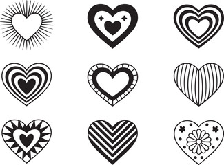 Set of Decorative Heart Shape Icons in Black Silhouette Style