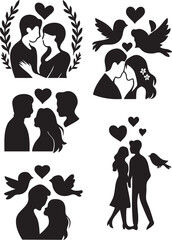 Romantic Valentine Couple Silhouette with Love Bird Vector