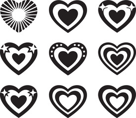 Set of Decorative Heart Shape Icons in Black Silhouette Style