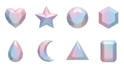 Pastel gemstone set including heart star circle hexagon drop moon triangle and emerald cut shapes isolated. Low poly jewel and crystal collection.