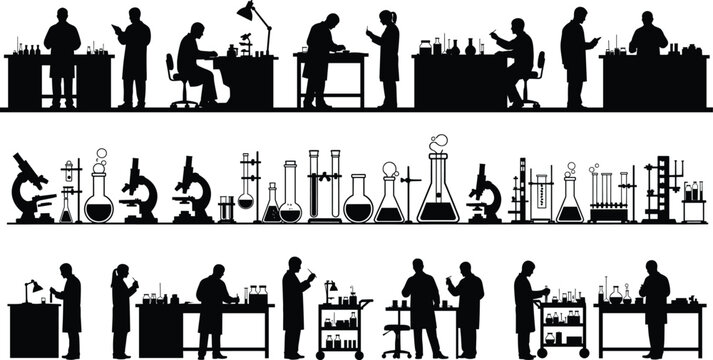 Scientific laboratory silhouette illustration with researchers, lab equipment, glassware, microscopes, experiments, chemistry tools, medical science, research and analysis scene.