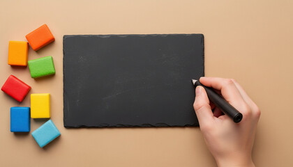 Hand writing on slate blackboard with colorful blocks on table  
