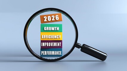 Magnifying glass focusing on 2026 and key business growth concepts