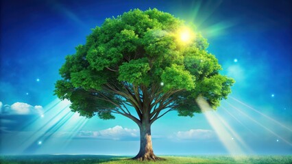 Soothing tranquility amidst natures splendor a majestic green tree stands tall against a radiant blue sky with subtle bokeh effect