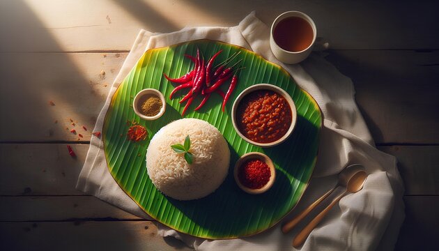 Traditional Sri Lankan breakfast Kiribath served on a green banana leaf with spicy Lunu Miris, authentic local cuisine, professional food photography, generative AI.