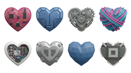 Artificial intelligence heart set including robotic, circuit board, mechanical, and 3d low poly styles isolated. Technology and futuristic love concept.
