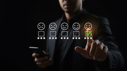 Man selecting highest rating on a customer satisfaction survey interface