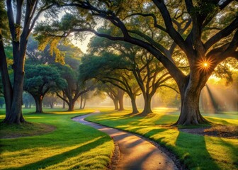 Serene Landscape with Oak Trees and a Meandering Path in a Wooded Park at Dawn