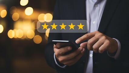 Man interacting with a smartphone displaying five star rating feedback