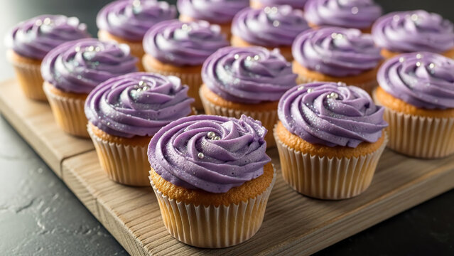 Colorful purple cupcakes arranged on a wooden platter  