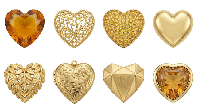 Gold heart pendant set including gemstone, filigree, locket, leaf, and geometric designs isolated. Jewelry and luxury accessory collection.