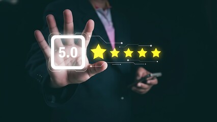 Professional presenting a five star rating and digital interface with a hand gesture