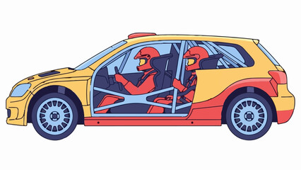 A graphic illustration of a two-person race car with drivers in red racing suits and helmets © macan