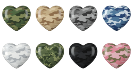 Camo heart set including woodland, desert, winter, digital, and pink camouflage patterns isolated. Decorative military style 3d shapes for valentines or military appreciation designs.